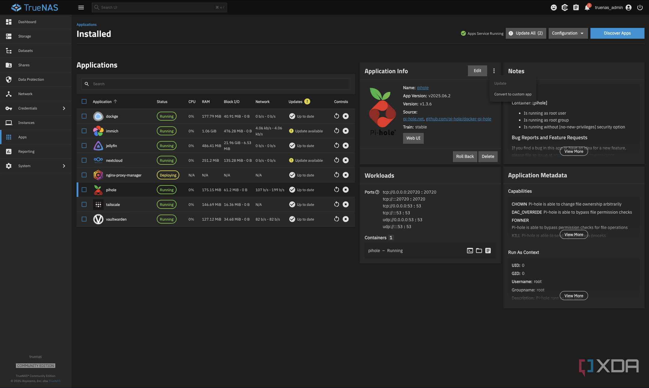 Screenshot of TrueNAS showing information about the Pi-hole app