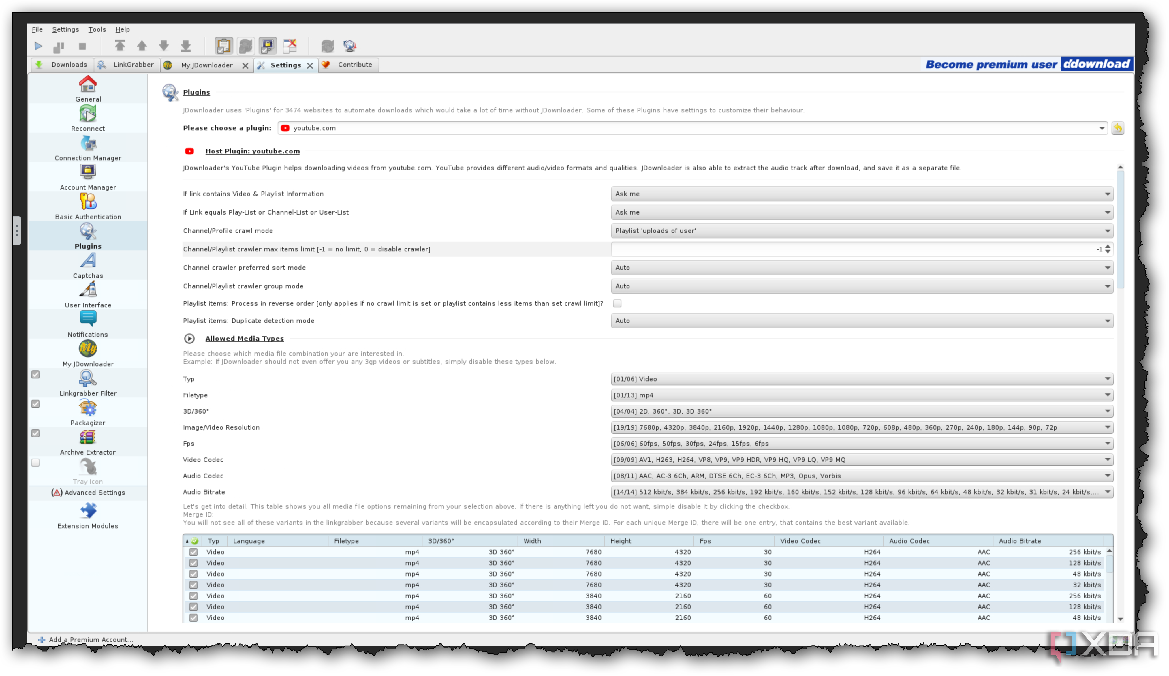 Plugins config for JDownloader