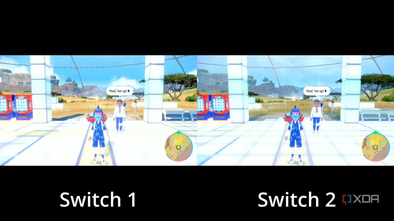 Screenshot of Pokémon Violet running on Switch 1 and Switch 2 side by side