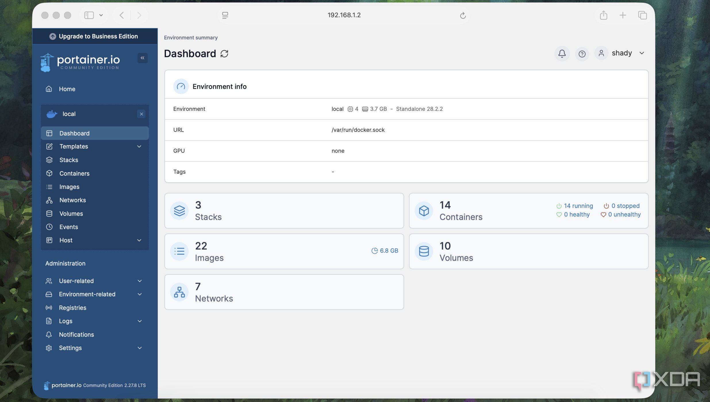 Dashboard of Portainer app