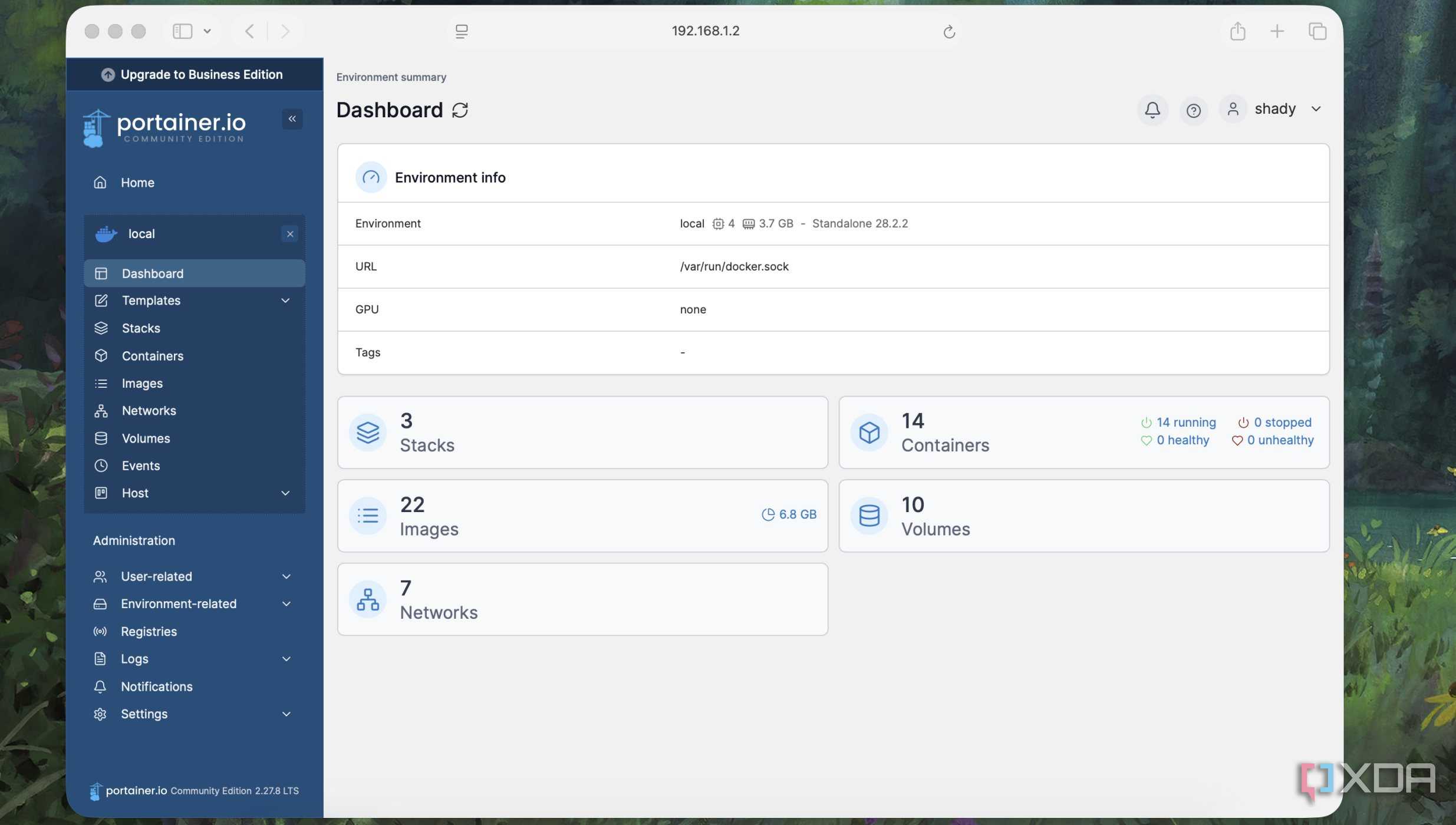 Dashboard of Portainer app