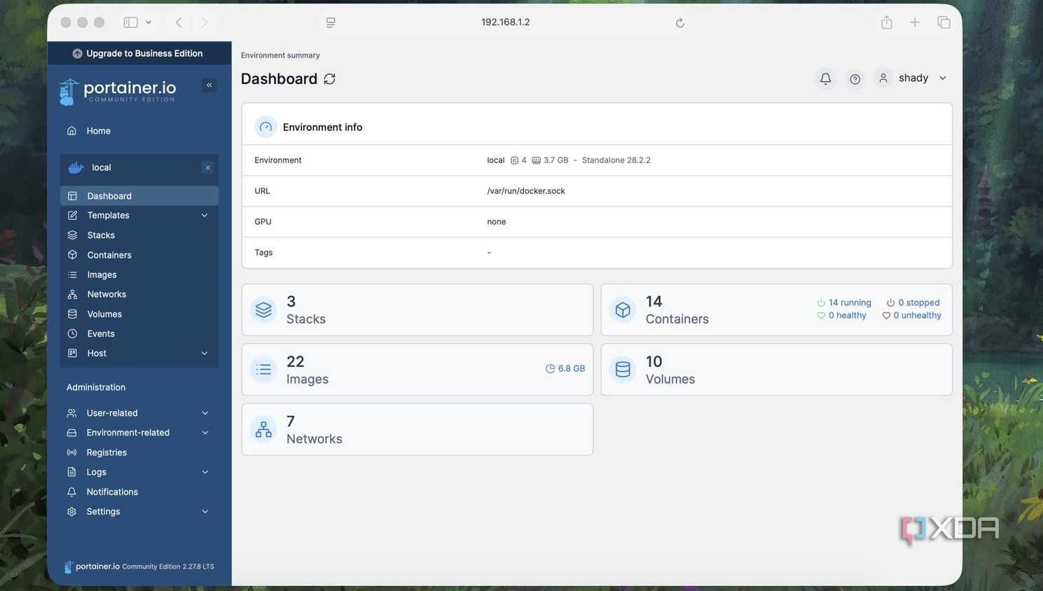 Dashboard of Portainer app