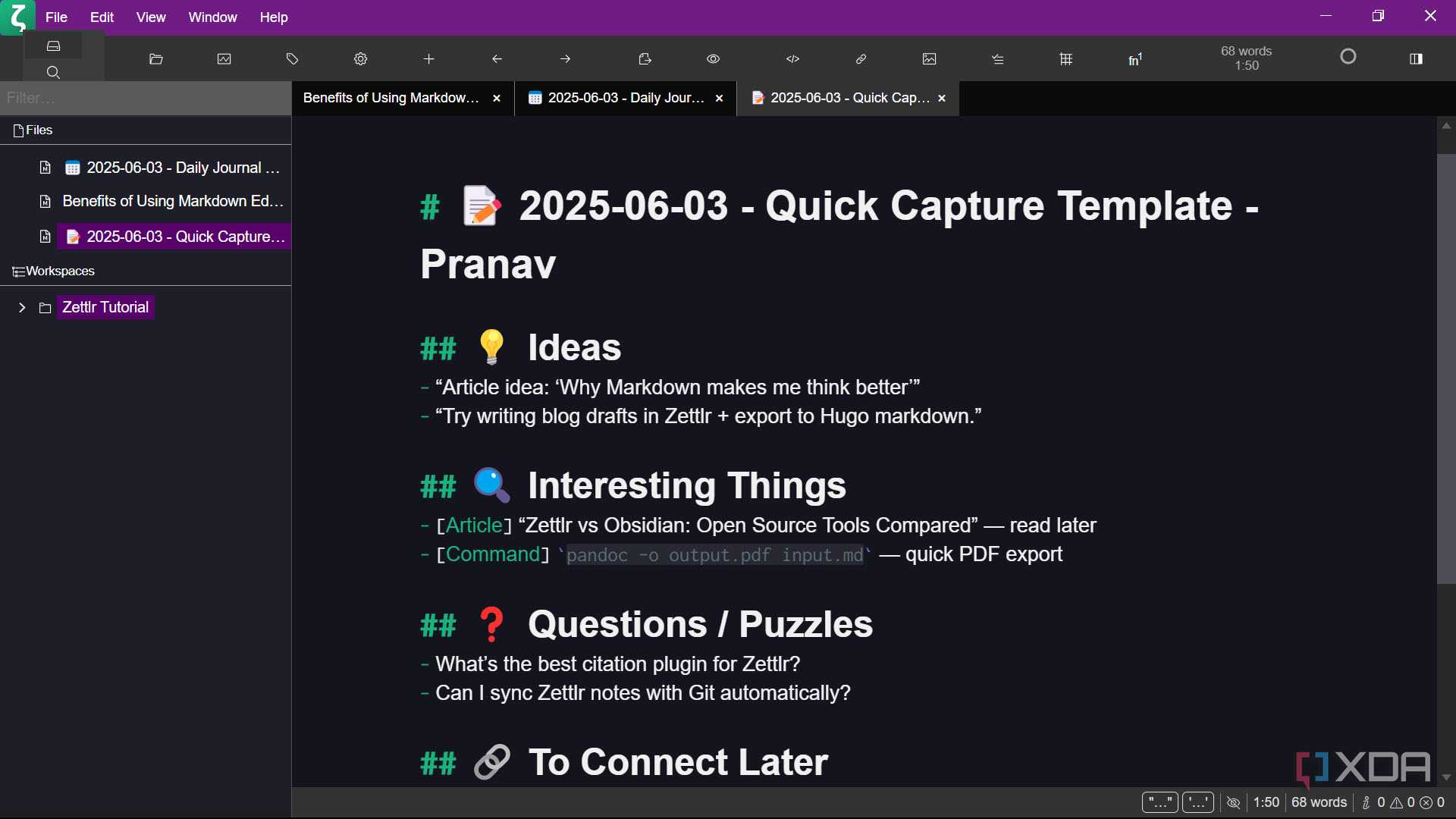 Quick notes template Zettlr