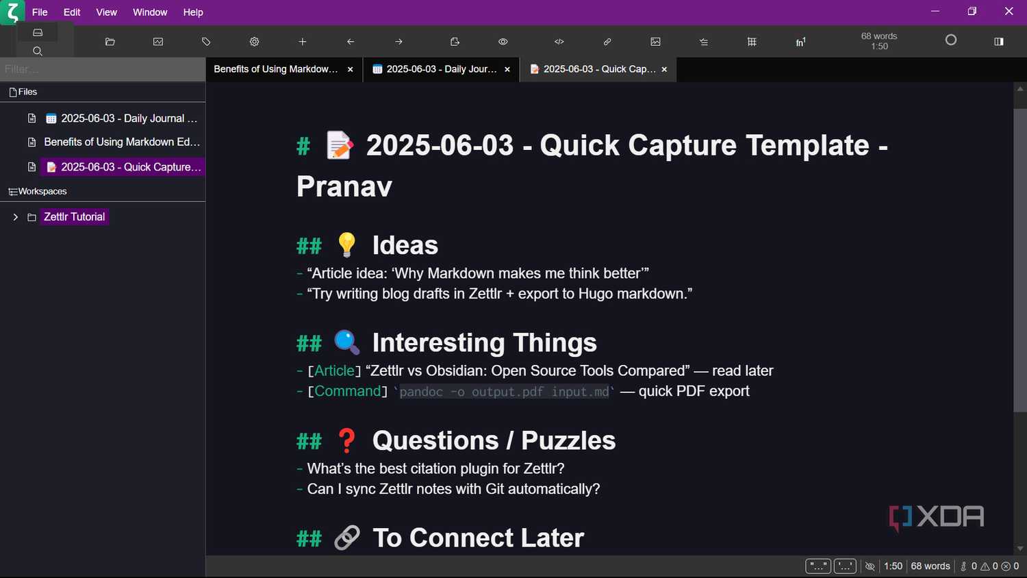 Quick notes template Zettlr