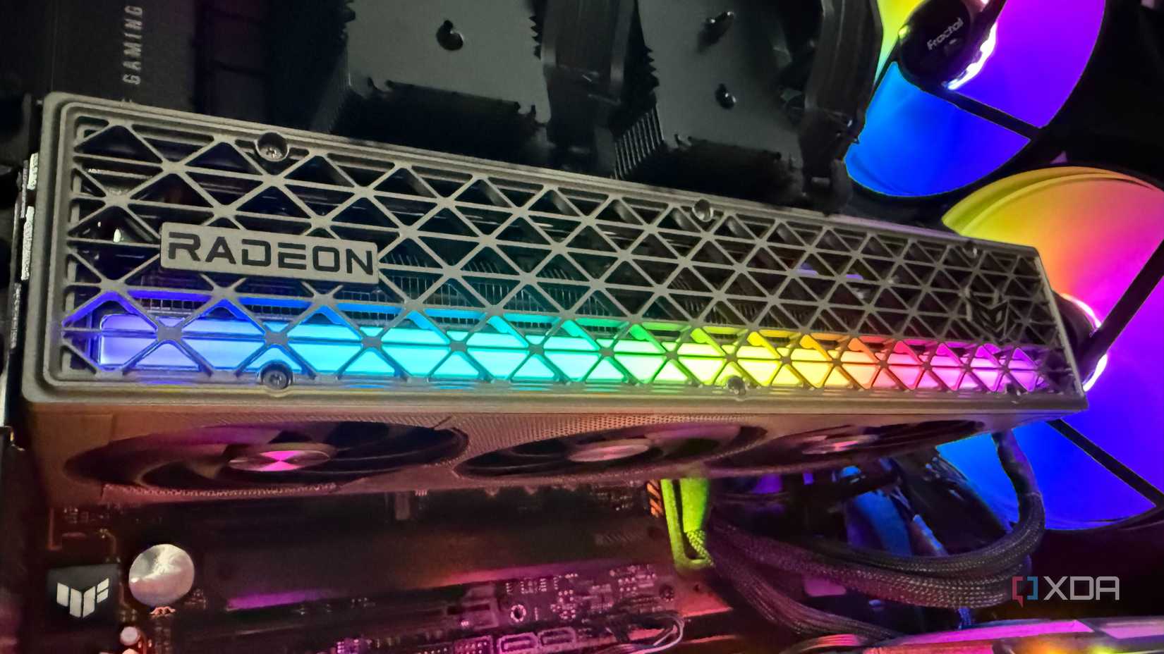 A photo of a RX 9070 graphics card installed in a PC build