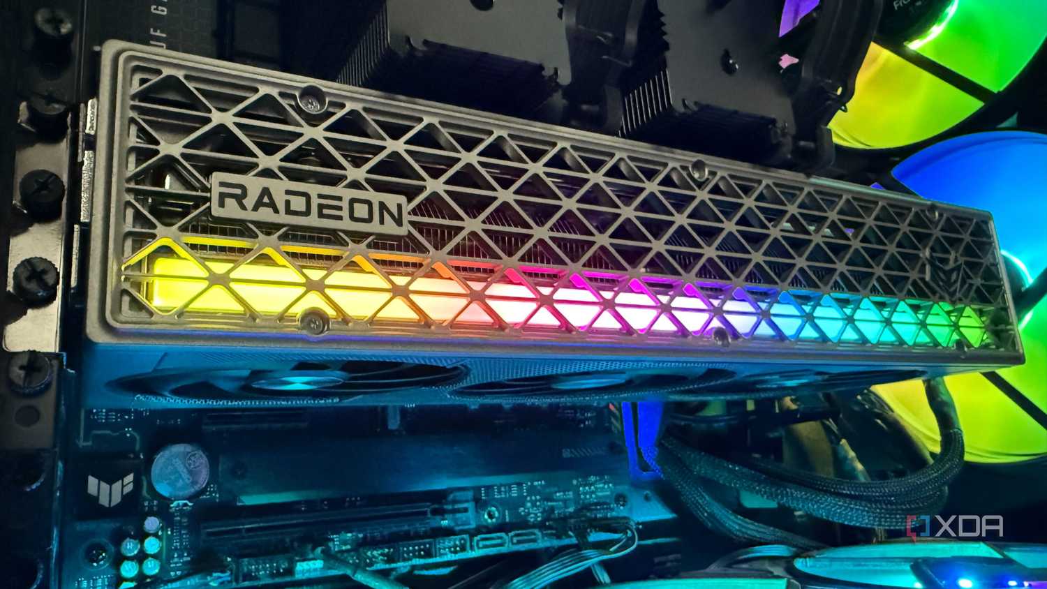 A photo of a Radeon RX 9070 XT graphics card installed in a PC build