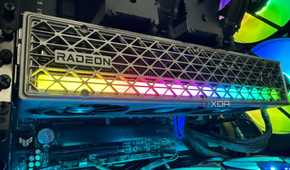A photo of a Radeon RX 9070 XT graphics card installed in a PC build