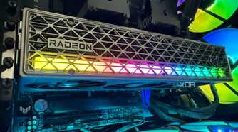 A photo of a Radeon RX 9070 XT graphics card installed in a PC build