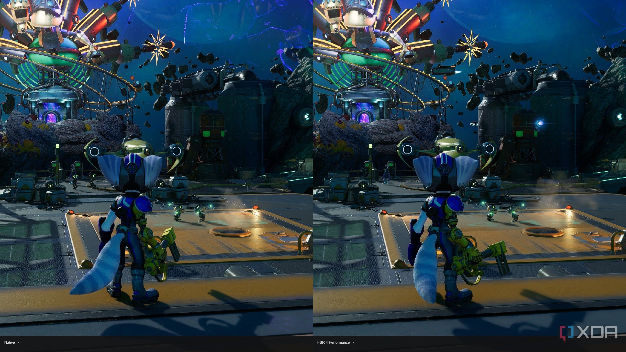 Ratchet and Clank with AMD FSR 4 enabled on a Radeon 7000 series GPU.