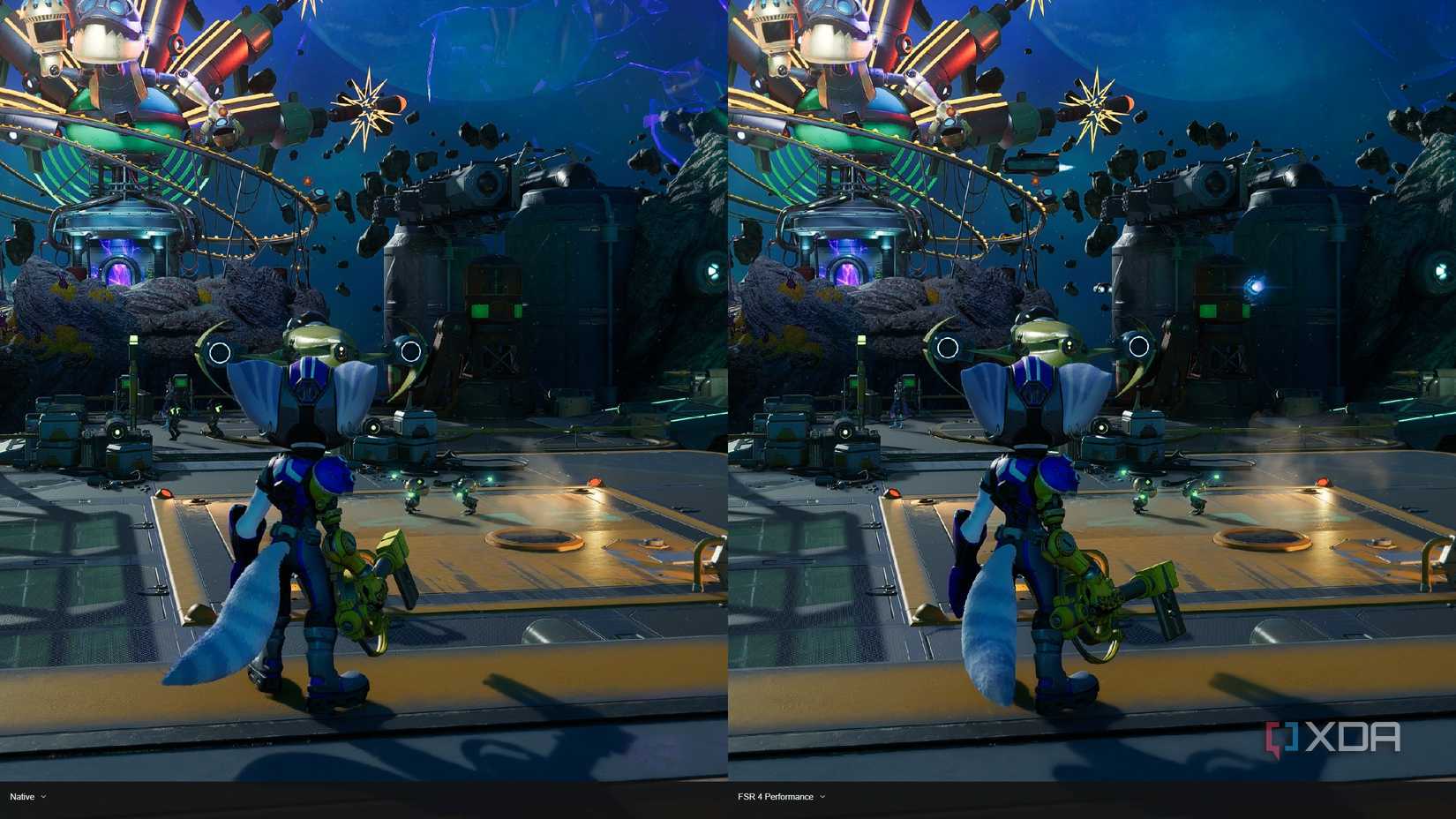 Ratchet y clank con AMD FSR 4 habilitado en una GPU de la serie Radeon 7000.