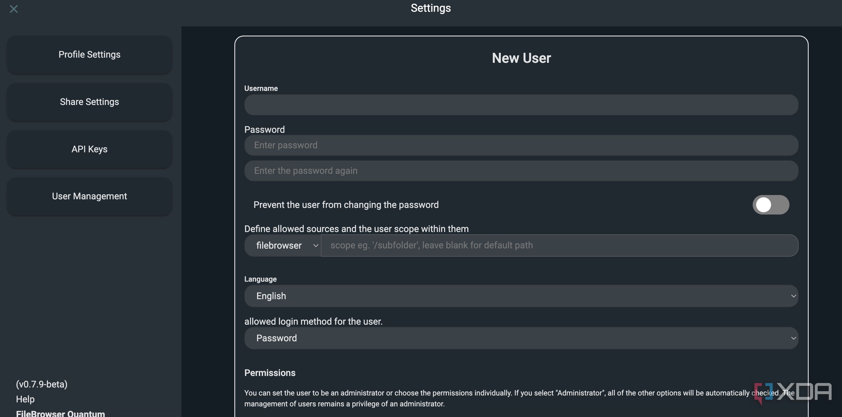 FileBrowser Quantum add new user