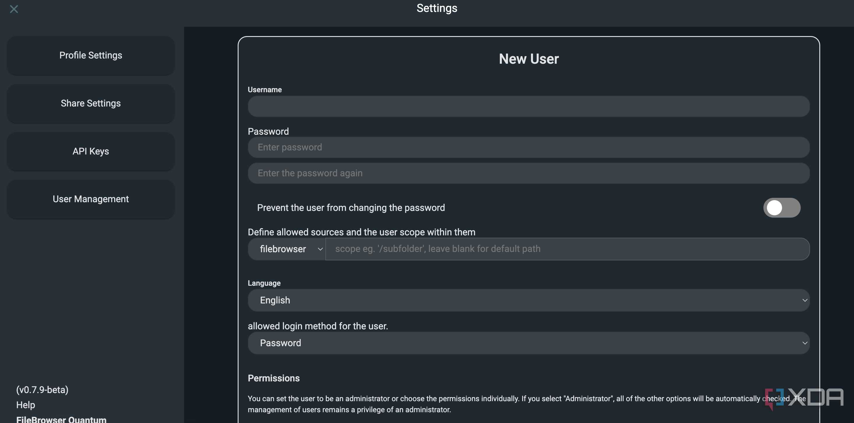 FileBrowser Quantum add new user