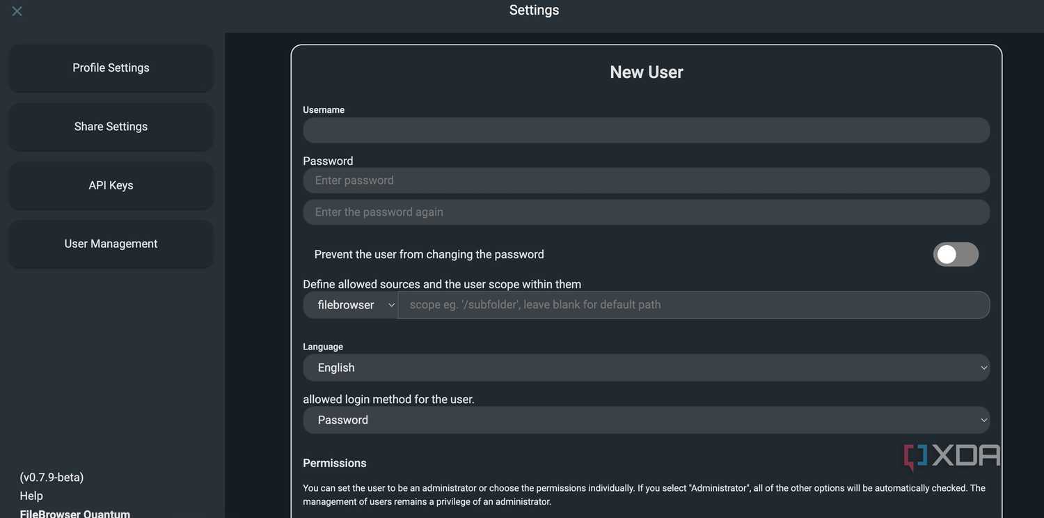 FileBrowser Quantum add new user