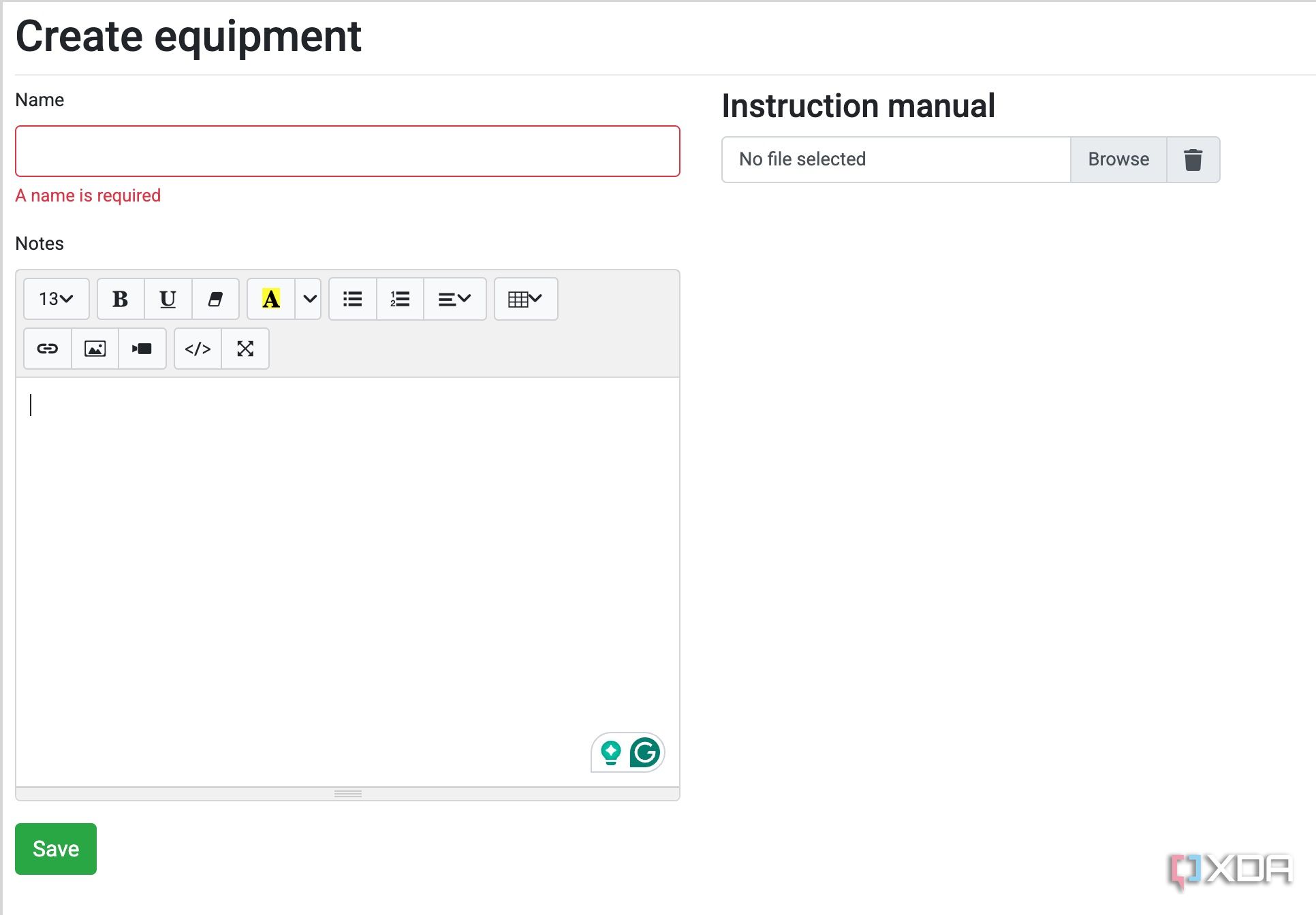 create equipment in Grocy