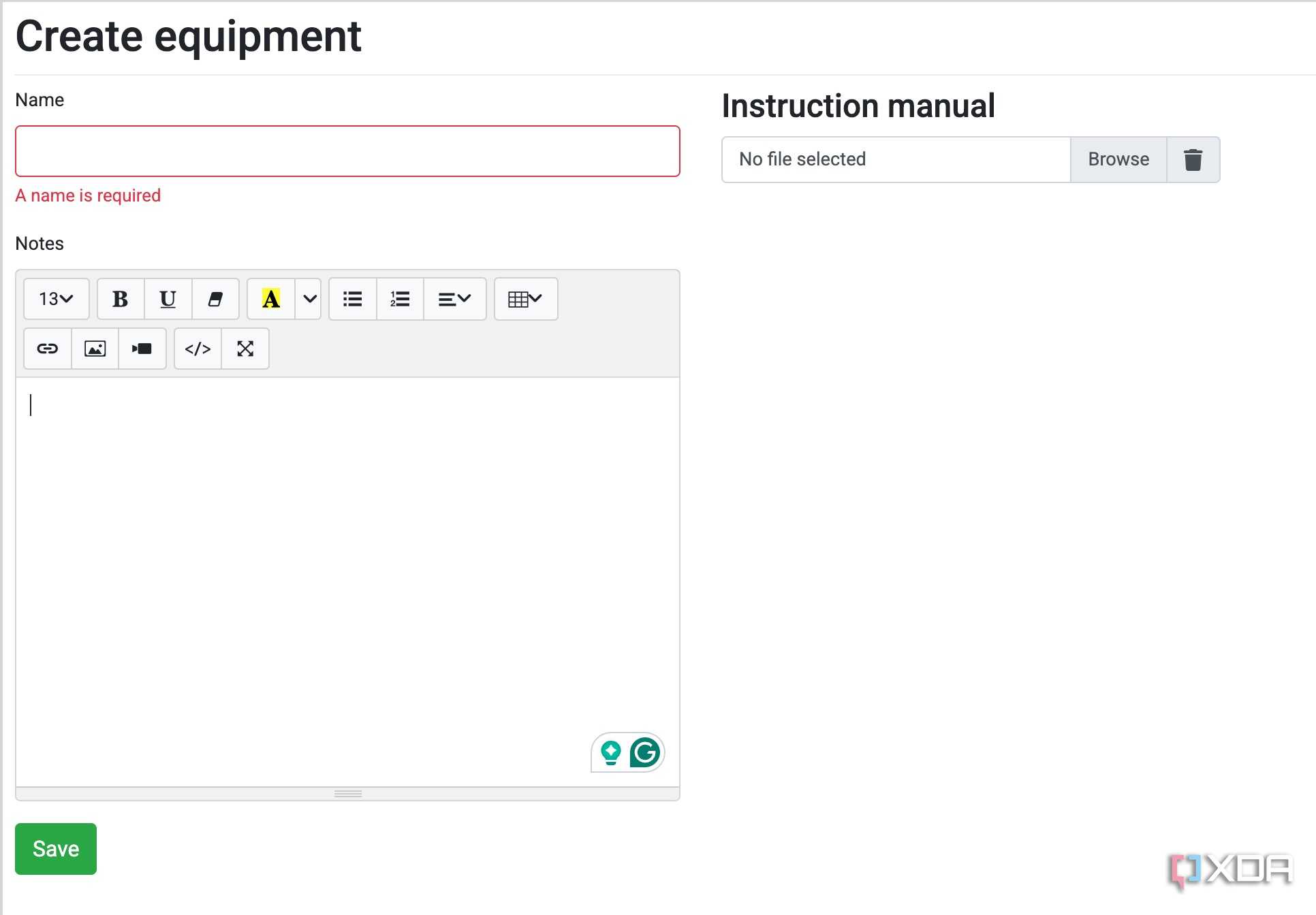 create equipment in Grocy