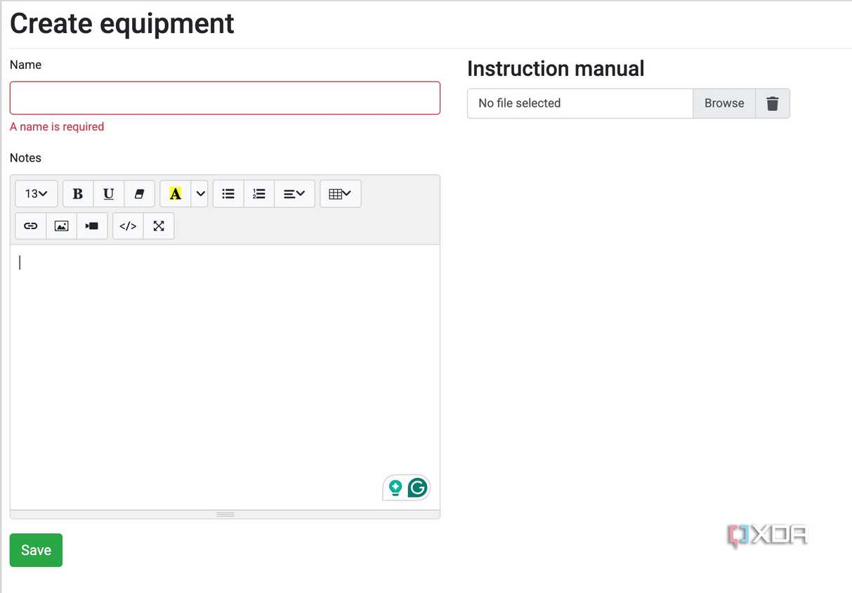 create equipment in Grocy
