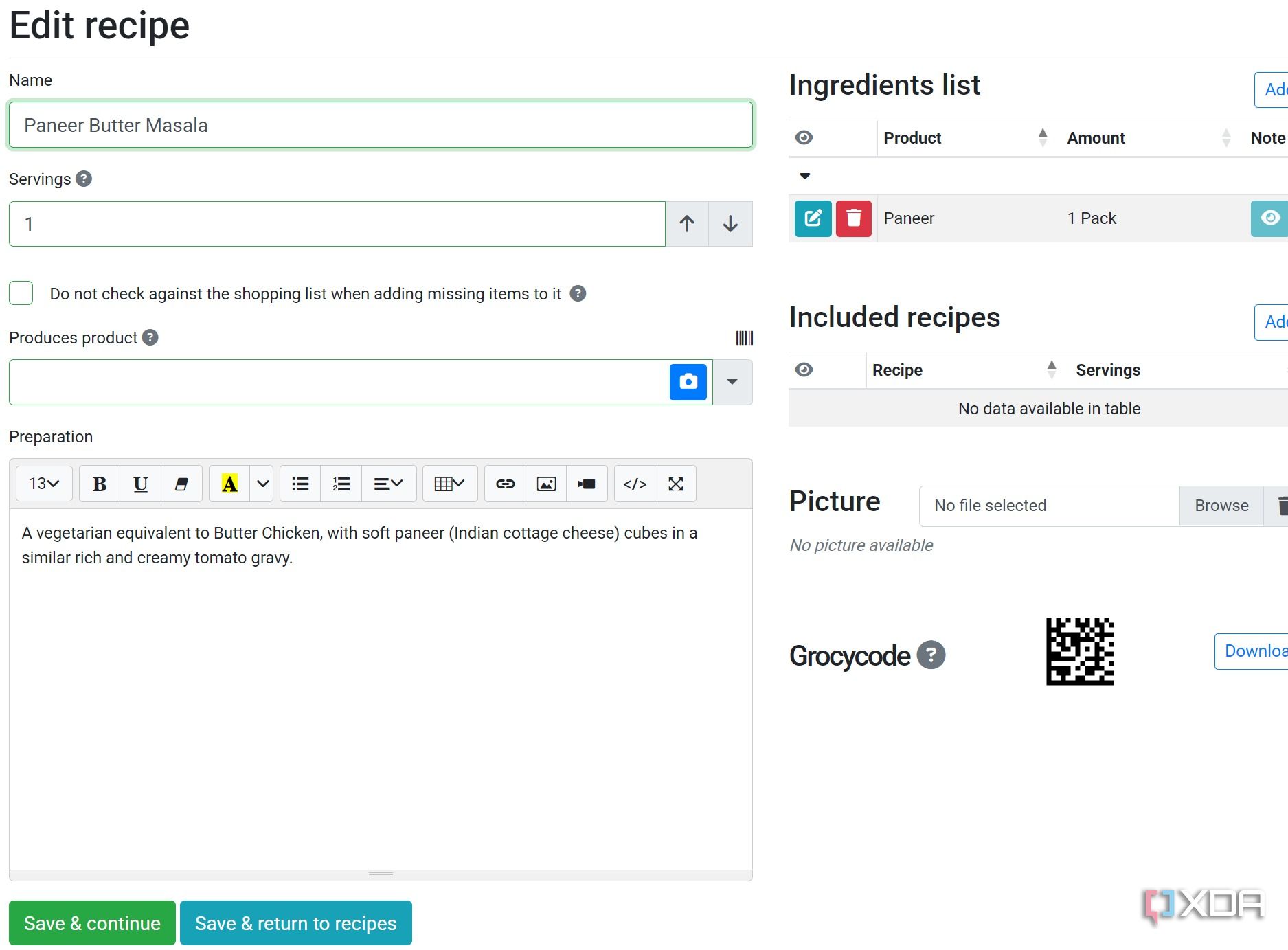 edit recipe in Grocy