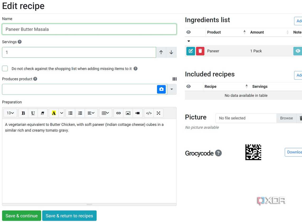 edit recipe in Grocy