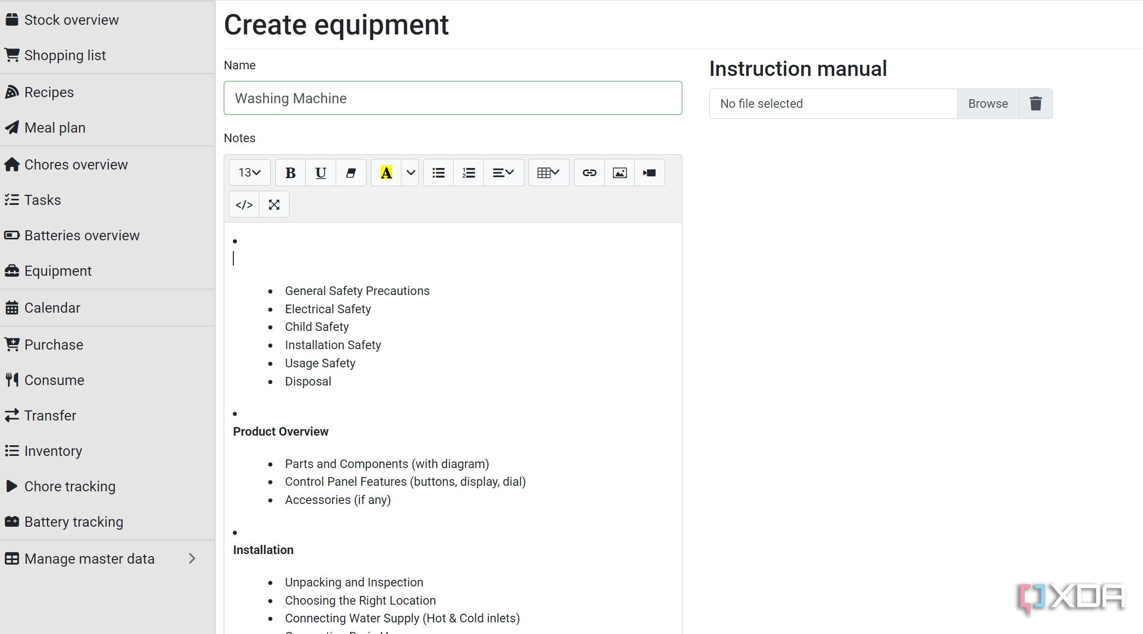 Create equipment in Grocy