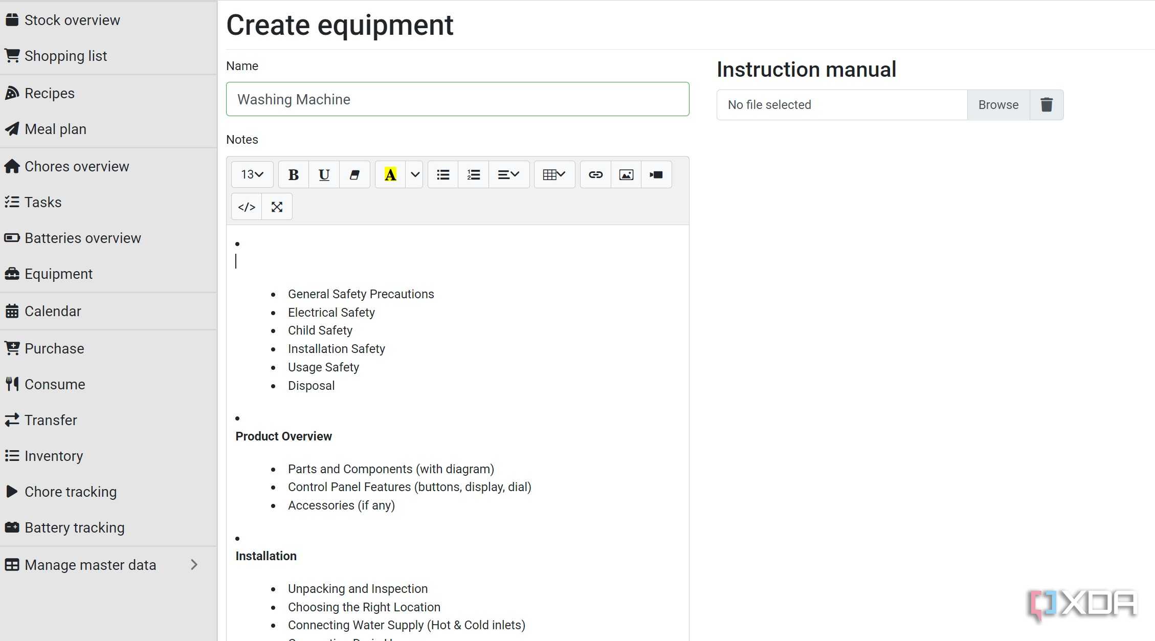 Create equipment in Grocy