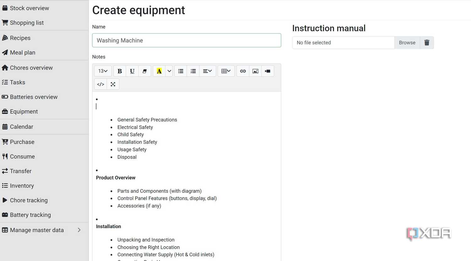 Create equipment in Grocy
