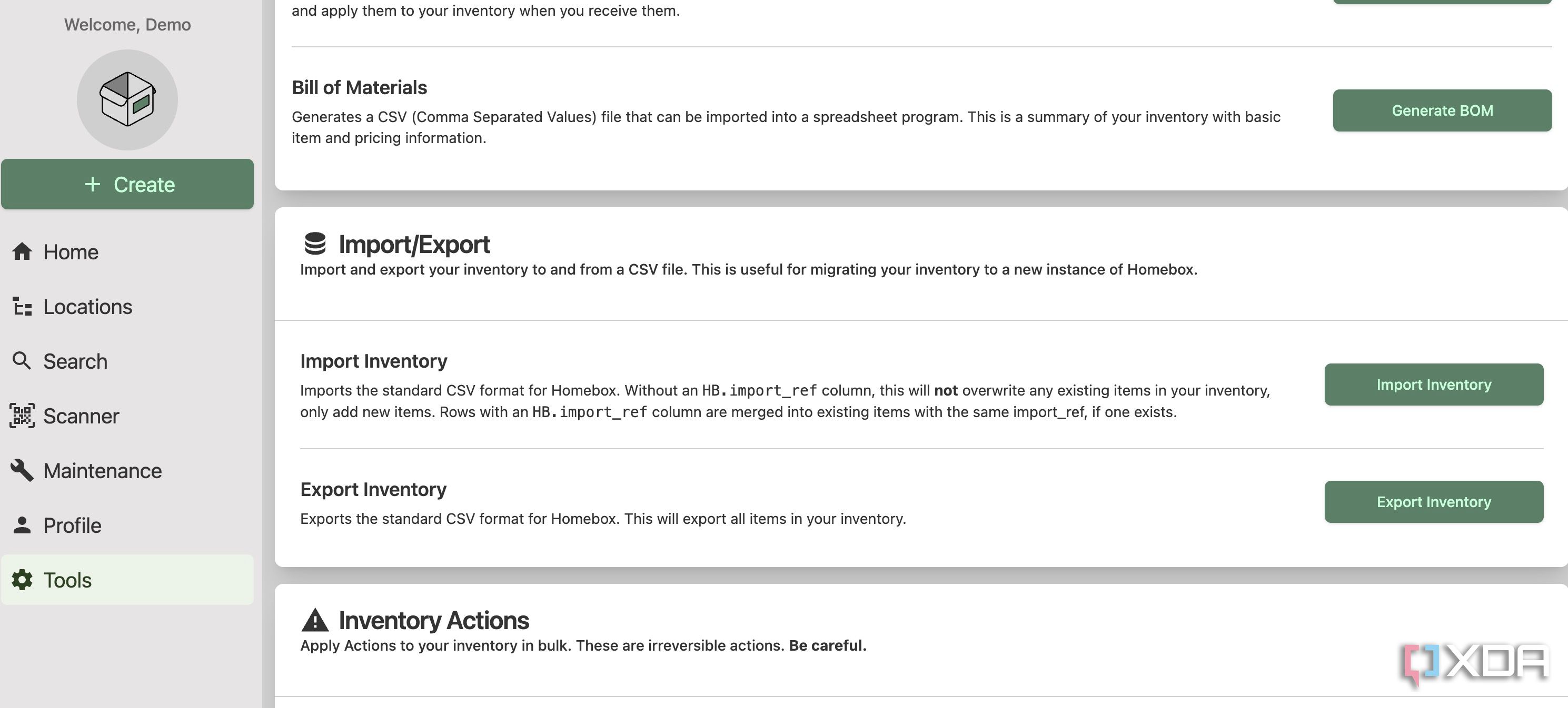 HomeBox settings
