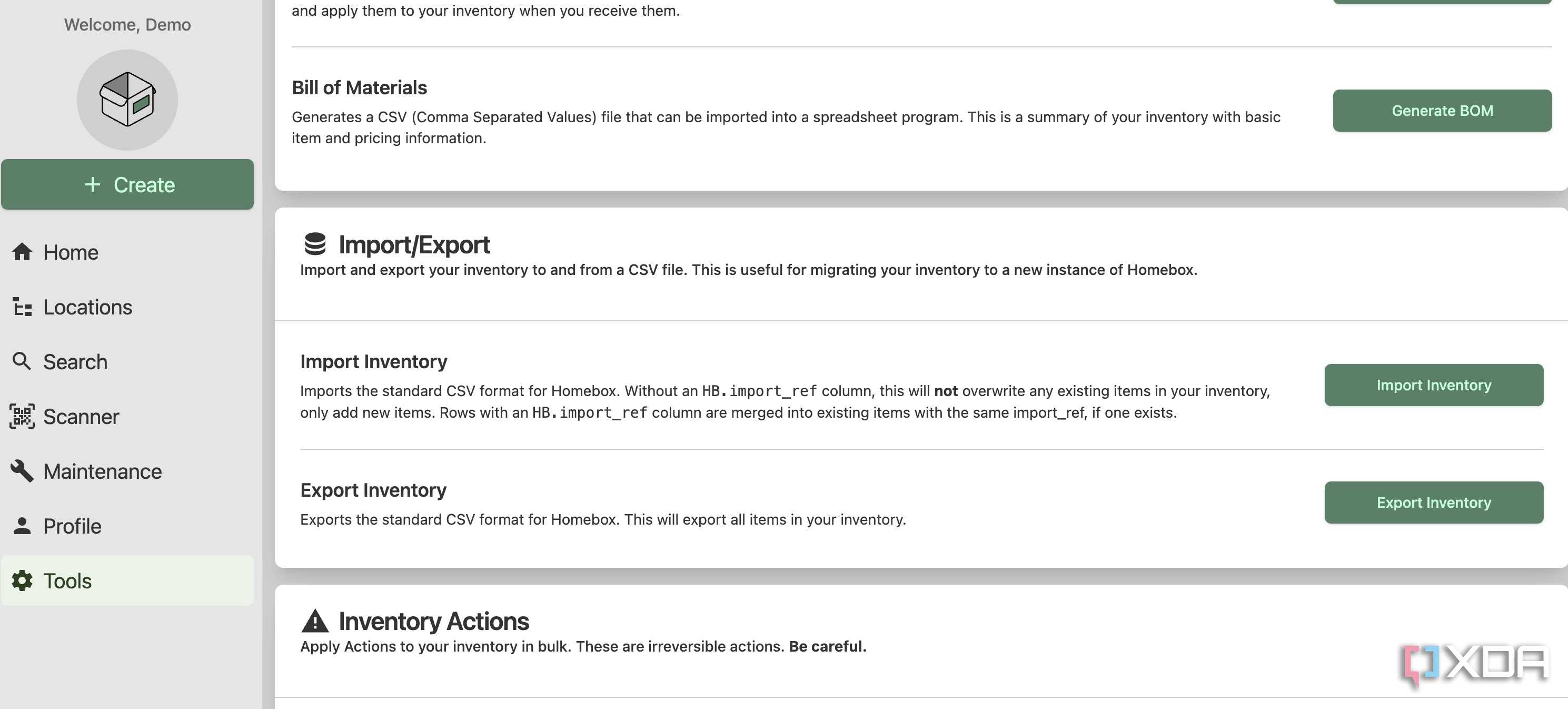 HomeBox settings