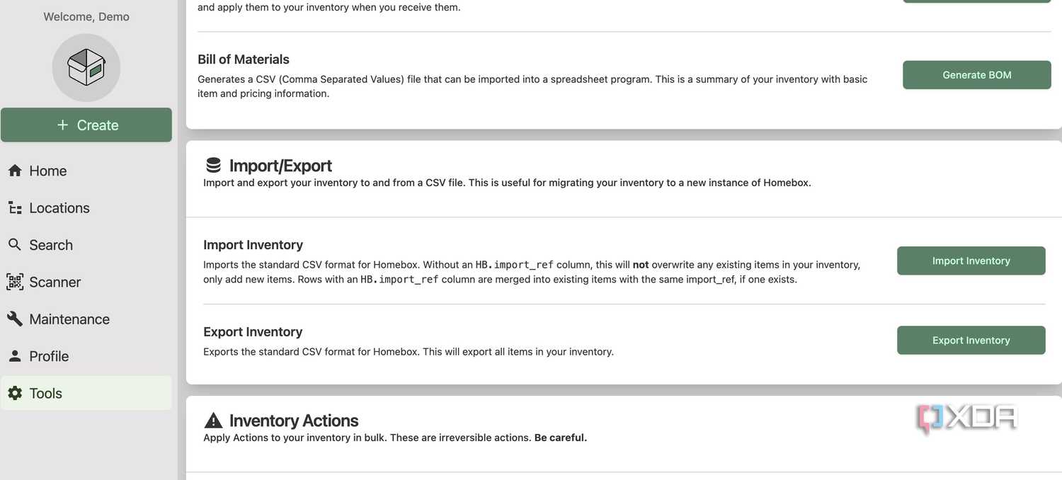HomeBox settings