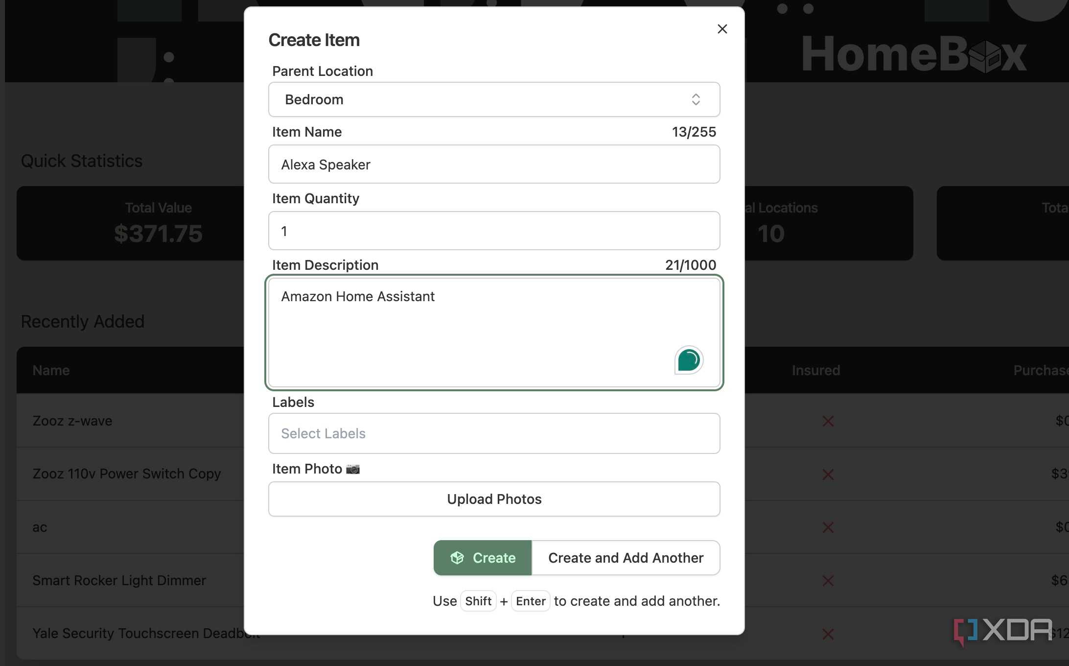 HomeBox create an item