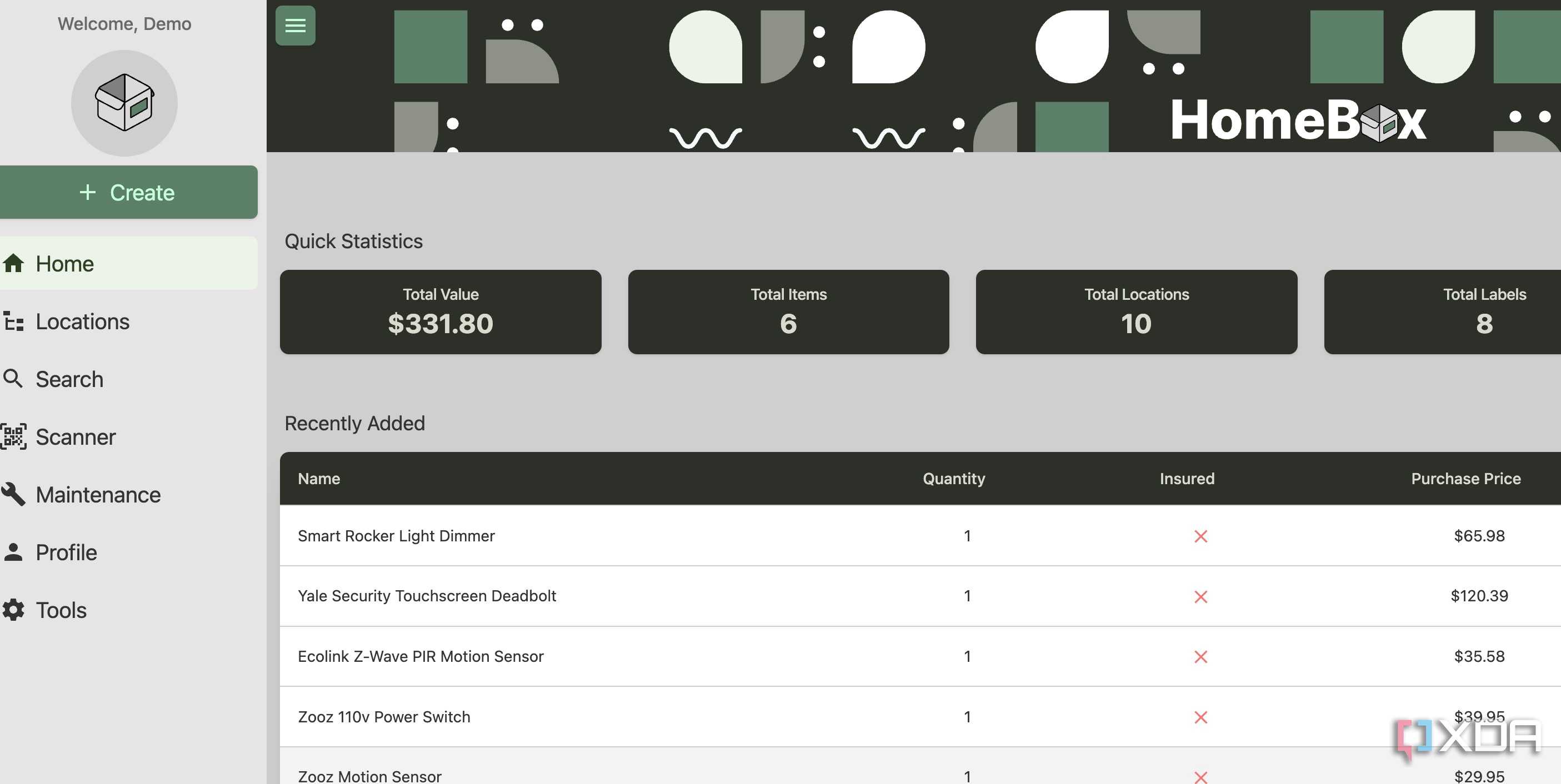 HomeBox main menu