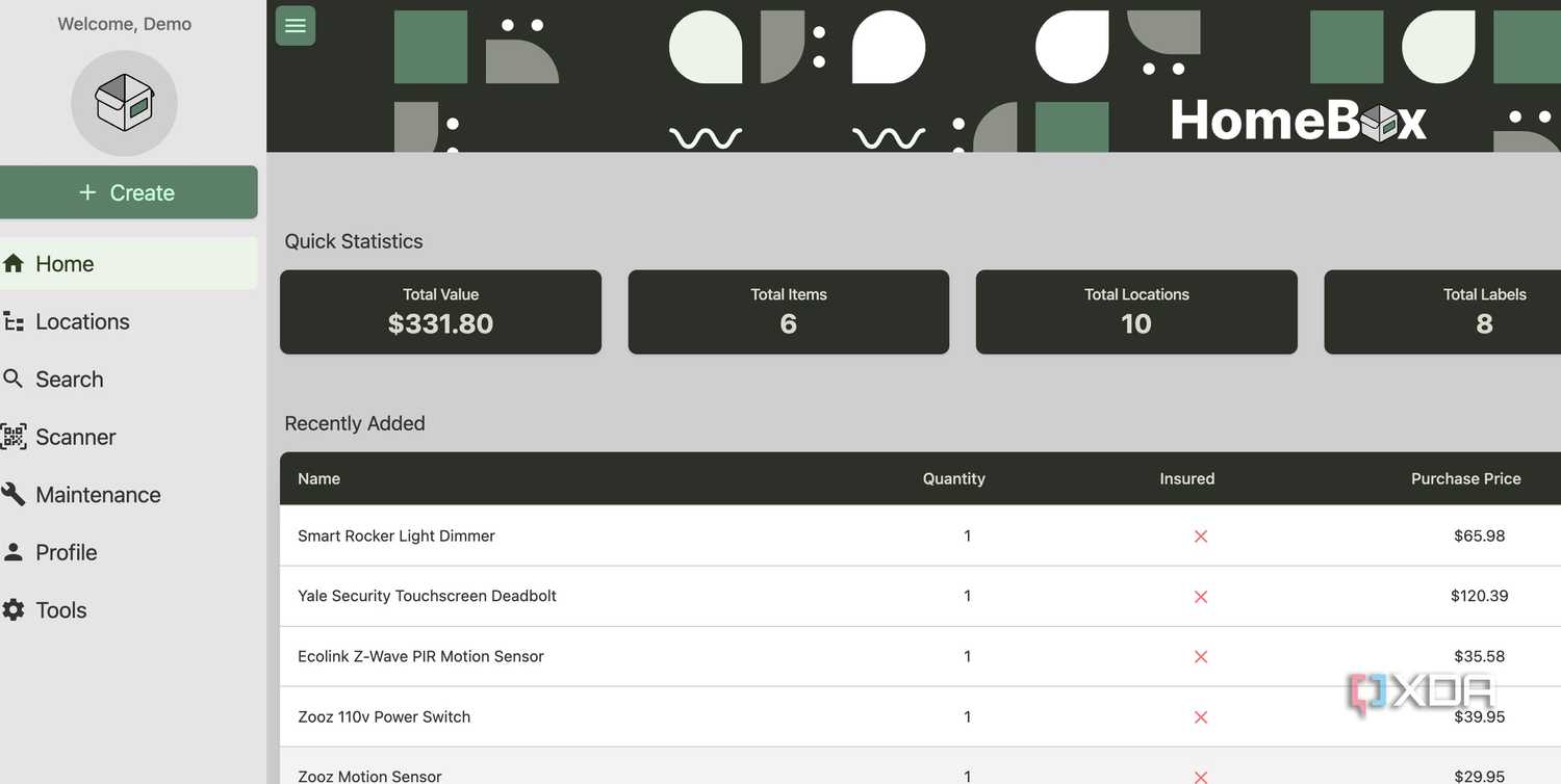 HomeBox main menu