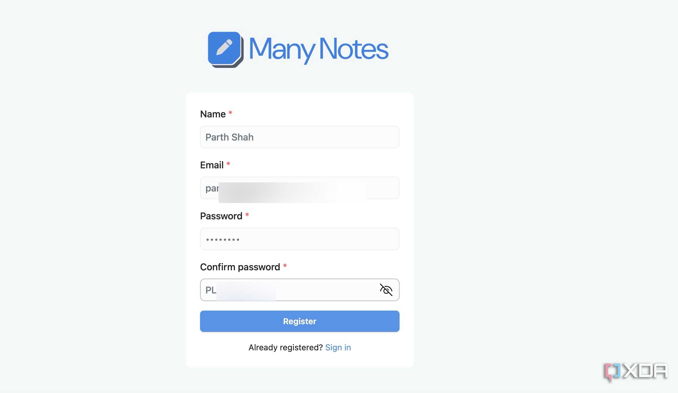 Many Notes sign up page