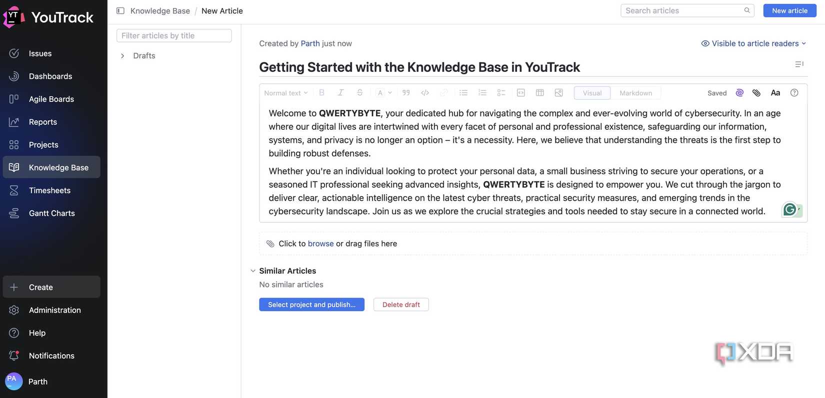 create knowledge base in YouTrack