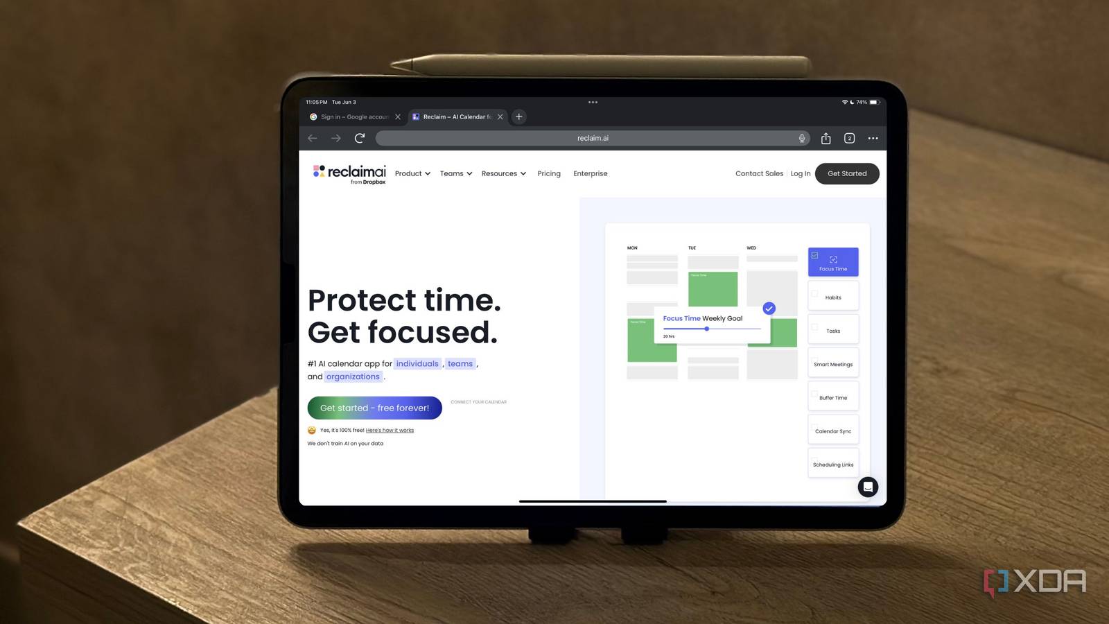Reclaim AI homepage displayed on an iPad screen
