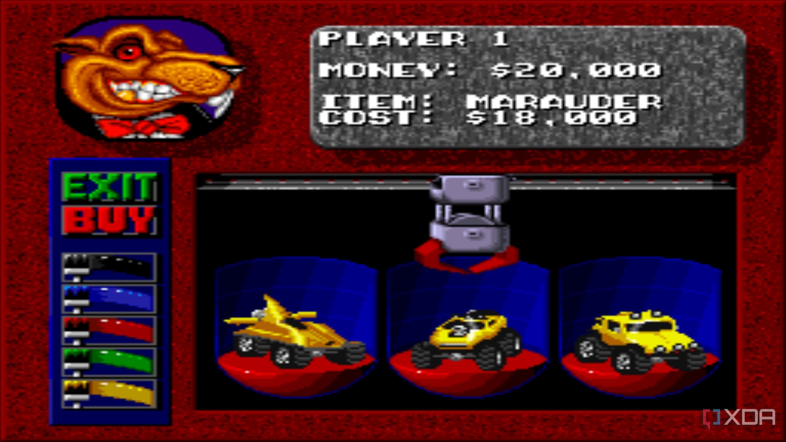 Car color select in the SNES game Rock n' Roll Racing.