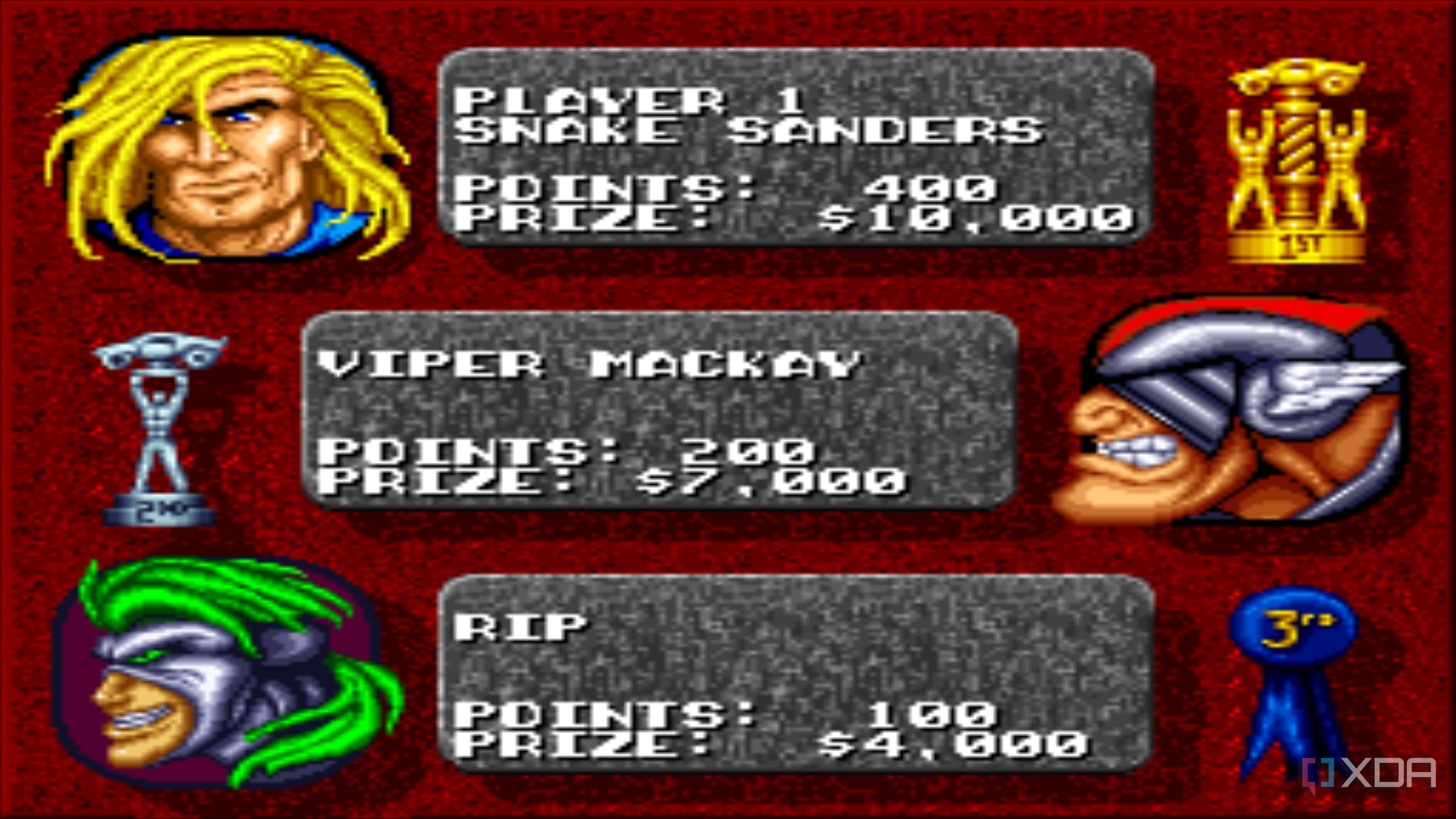 Race results in the SNES game Rock n' Roll Racing.
