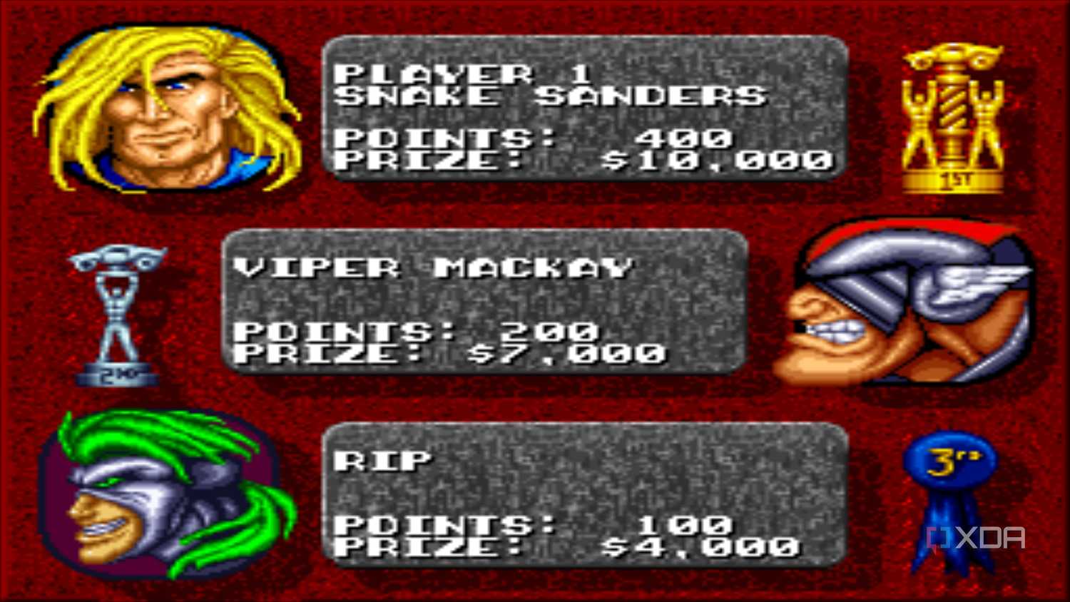 Race results in the SNES game Rock n' Roll Racing.