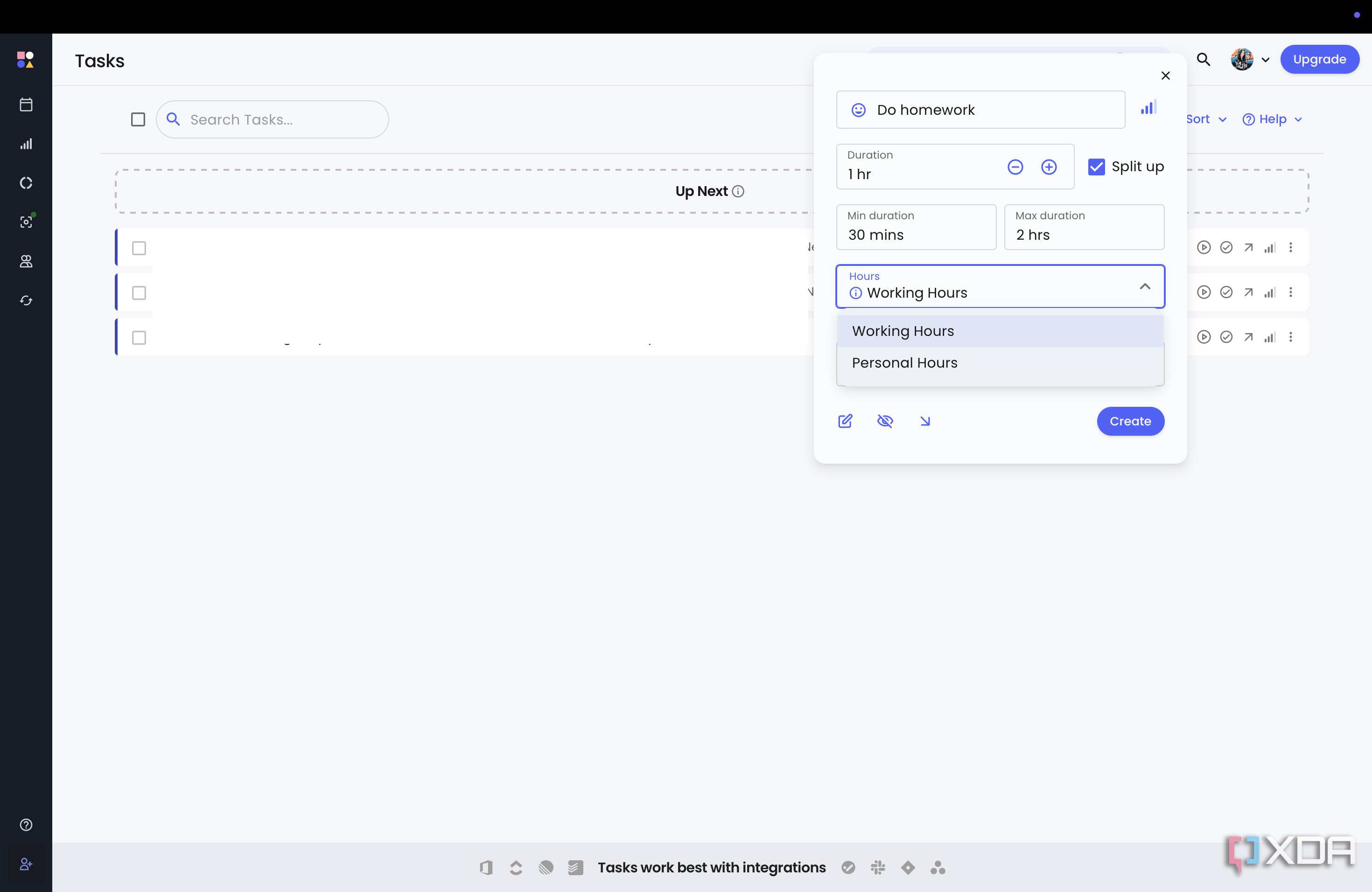 Reclaim's Task page toggle between Work and Personal hours