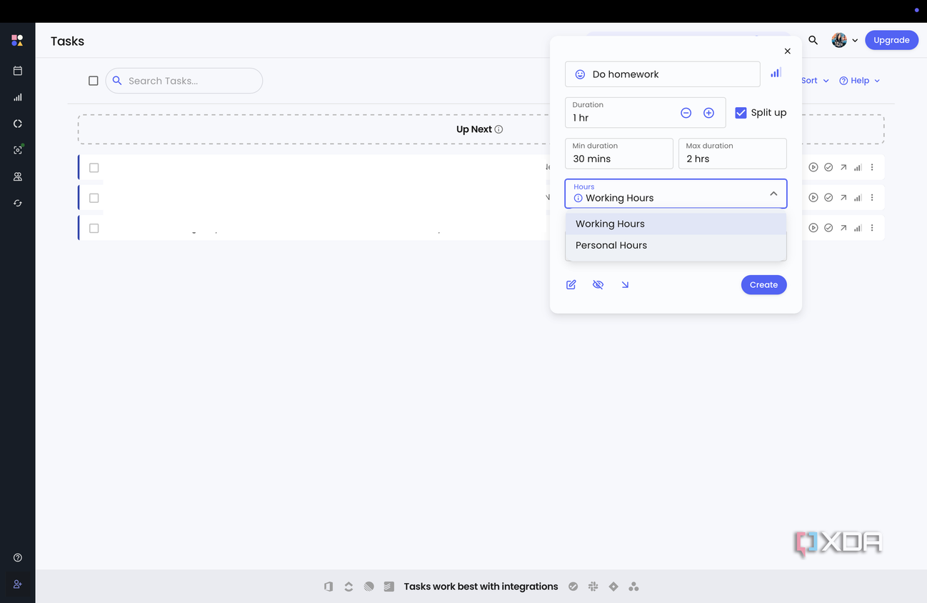 Reclaim's Task page toggle between Work and Personal hours