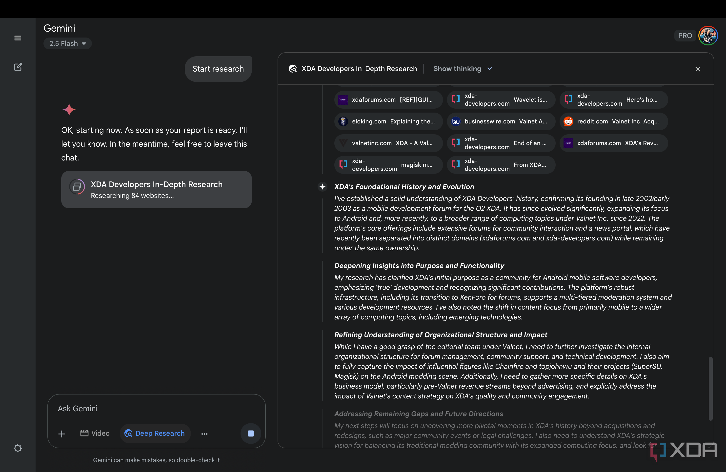 Gemini's Deep Research interface displaying how many websites it researched