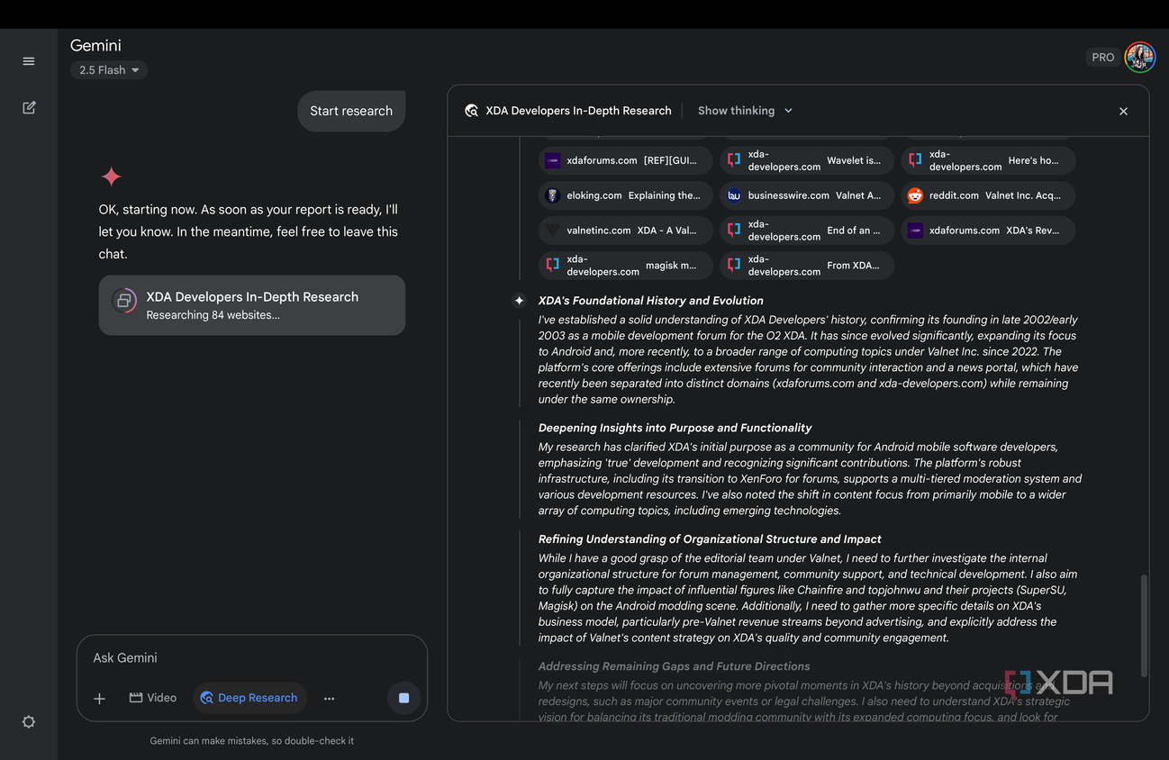 Gemini's Deep Research interface displaying how many websites it researched