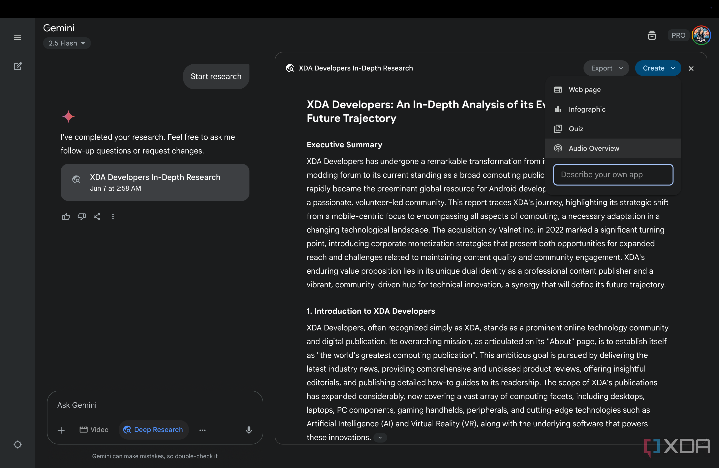 Gemini's Deep Research Create options including Web page, Infographic, Quiz, and Audio Overview