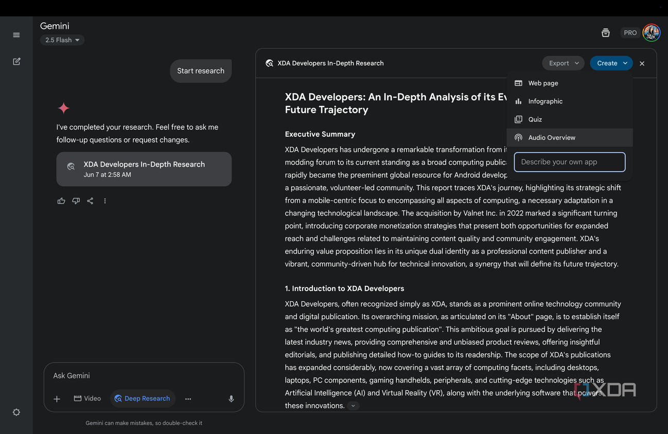 Gemini's Deep Research Create options including Web page, Infographic, Quiz, and Audio Overview