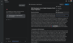 Gemini's Deep Research Create options including Web page, Infographic, Quiz, and Audio Overview