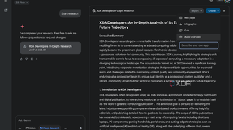 Gemini's Deep Research Create options including Web page, Infographic, Quiz, and Audio Overview