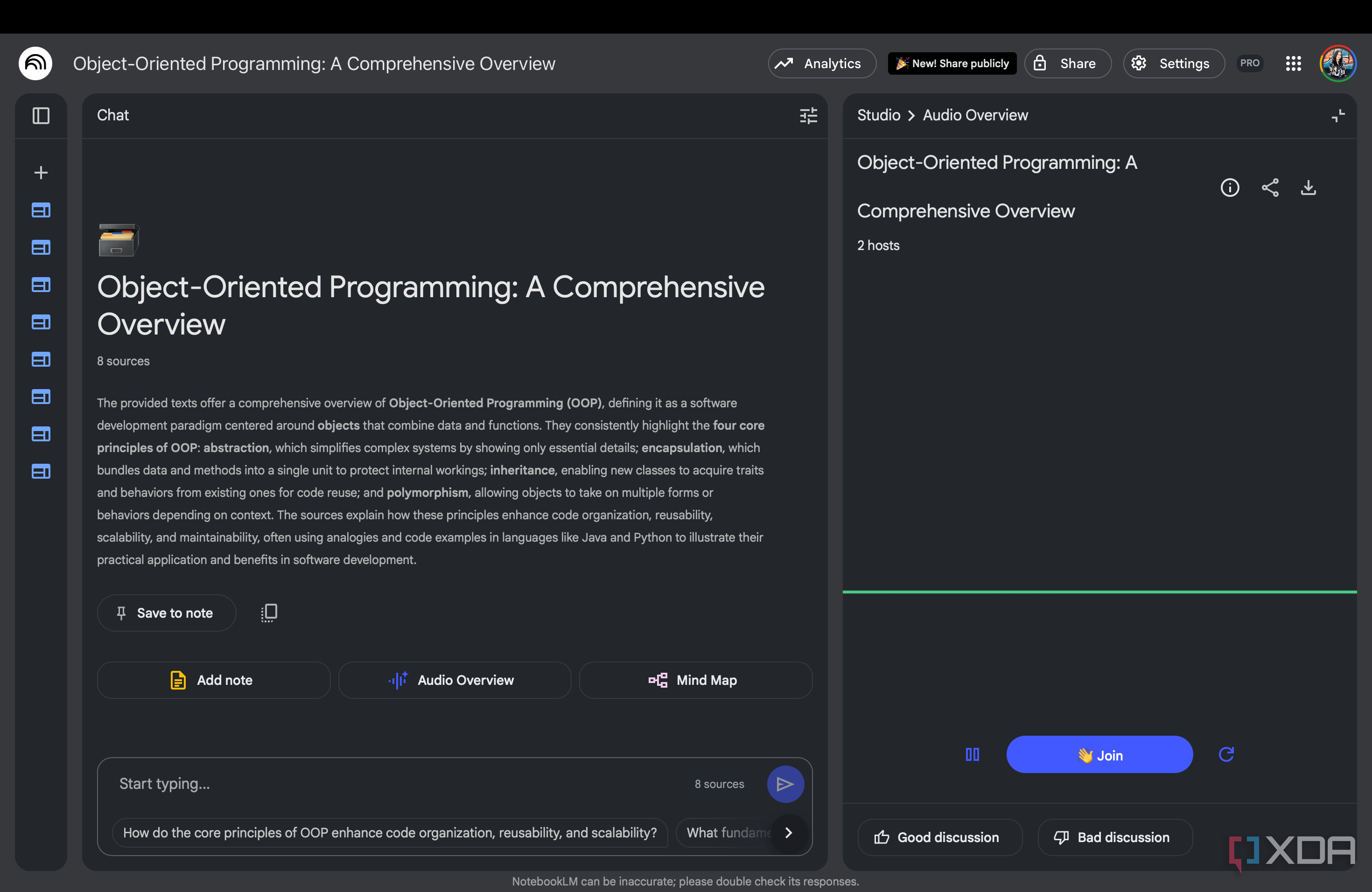 NotebookLM website open with an Object Oriented Programming notebook open