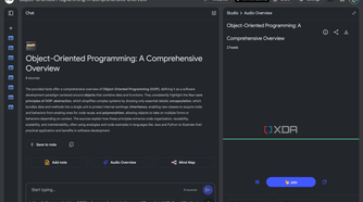 NotebookLM website open with an Object Oriented Programming notebook open