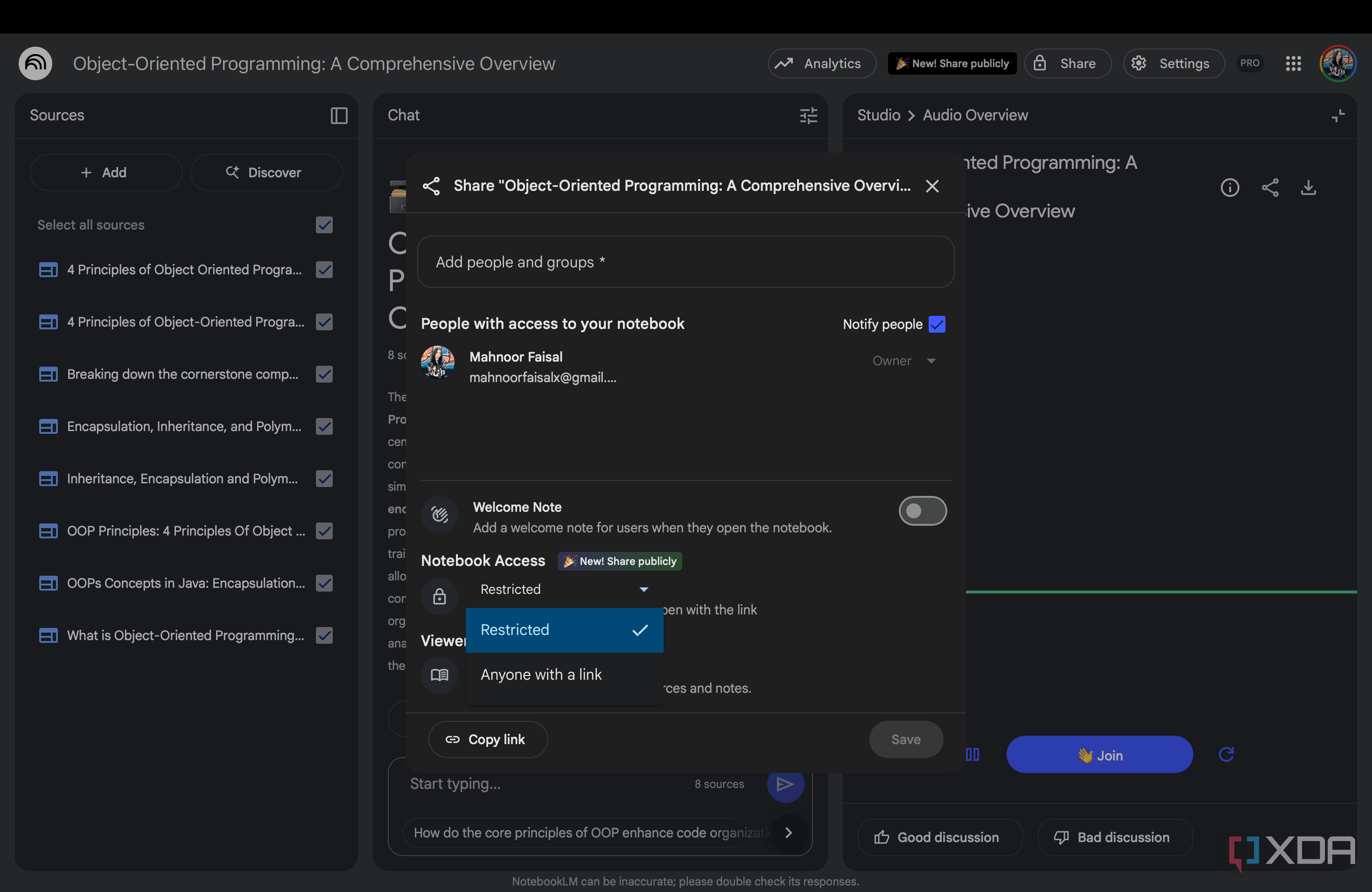 Options that appear when you share NotwbookLM notebook