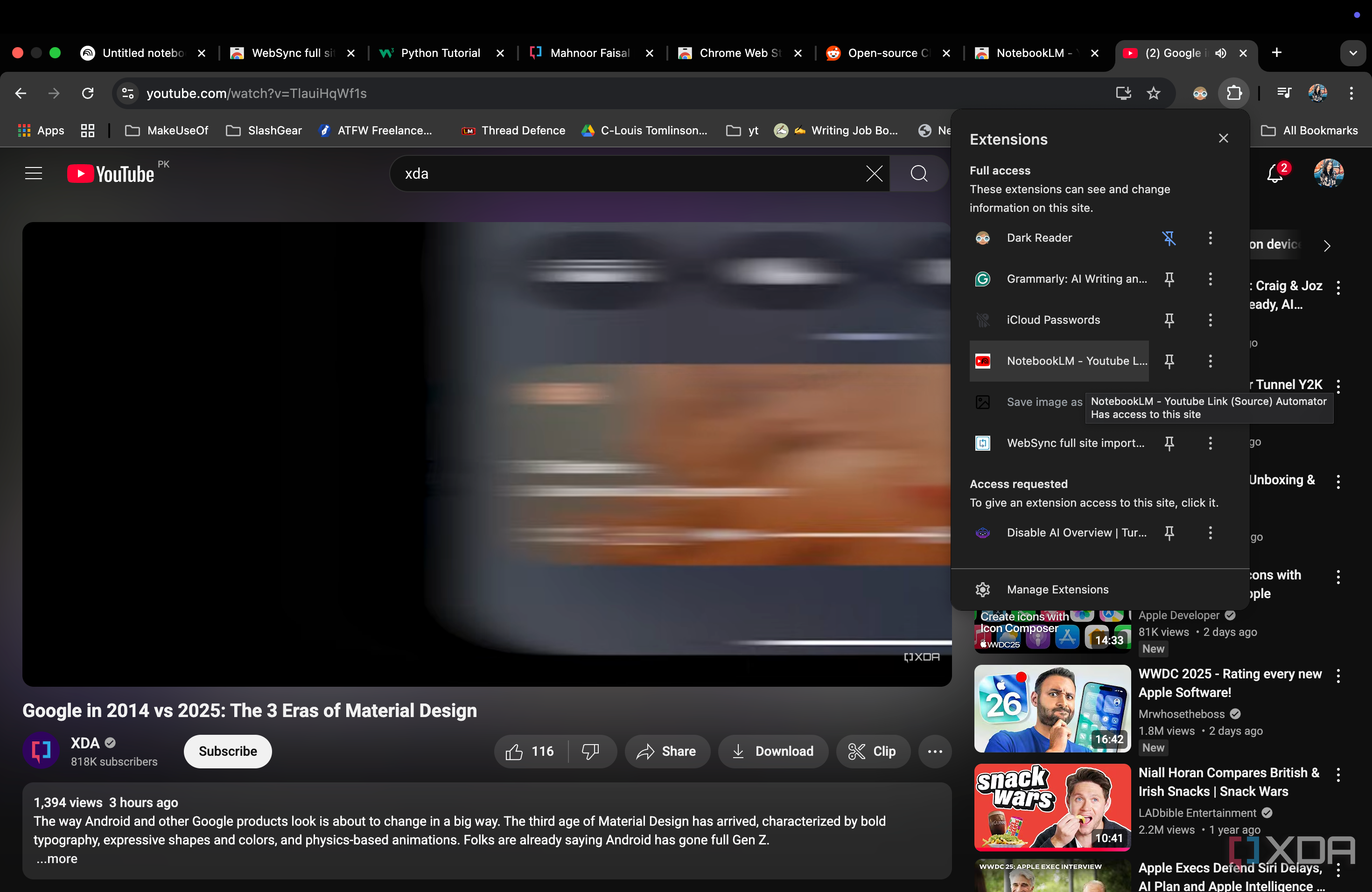 YouTube window displaying Google Chrome extensions I have installed