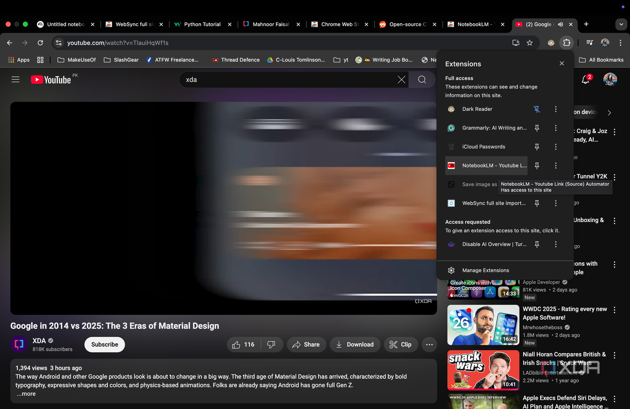 YouTube window displaying Google Chrome extensions I have installed